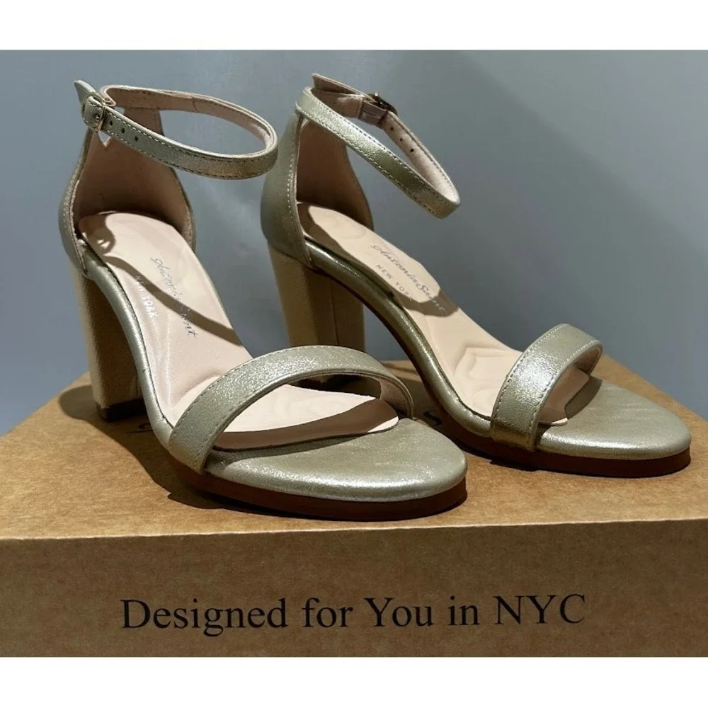 Antonia Saint NY Metallic Gold Block Heel Sandals Ankle Strap Womens Shoes